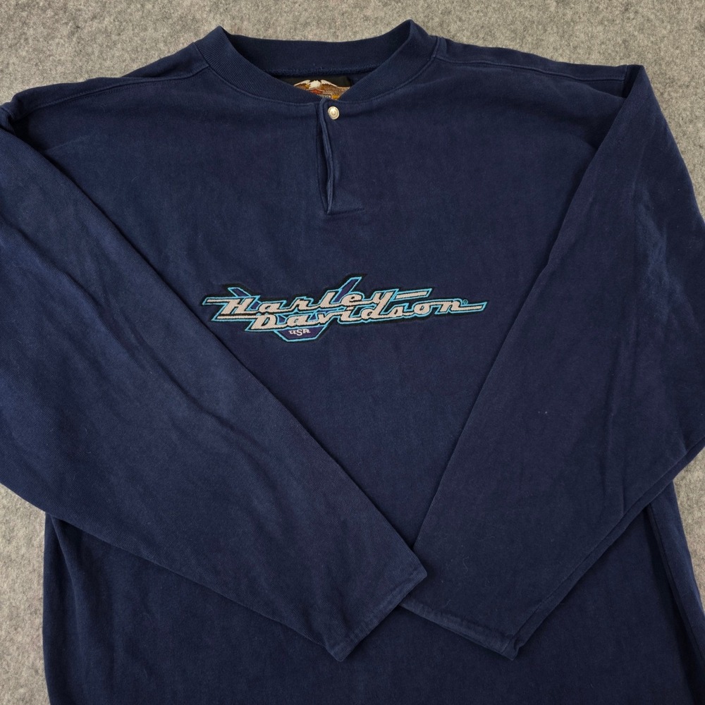 Harley Davidson Henley Long Sleeve Shirt Navy‎ Blue Embroidered Logo Biker Large